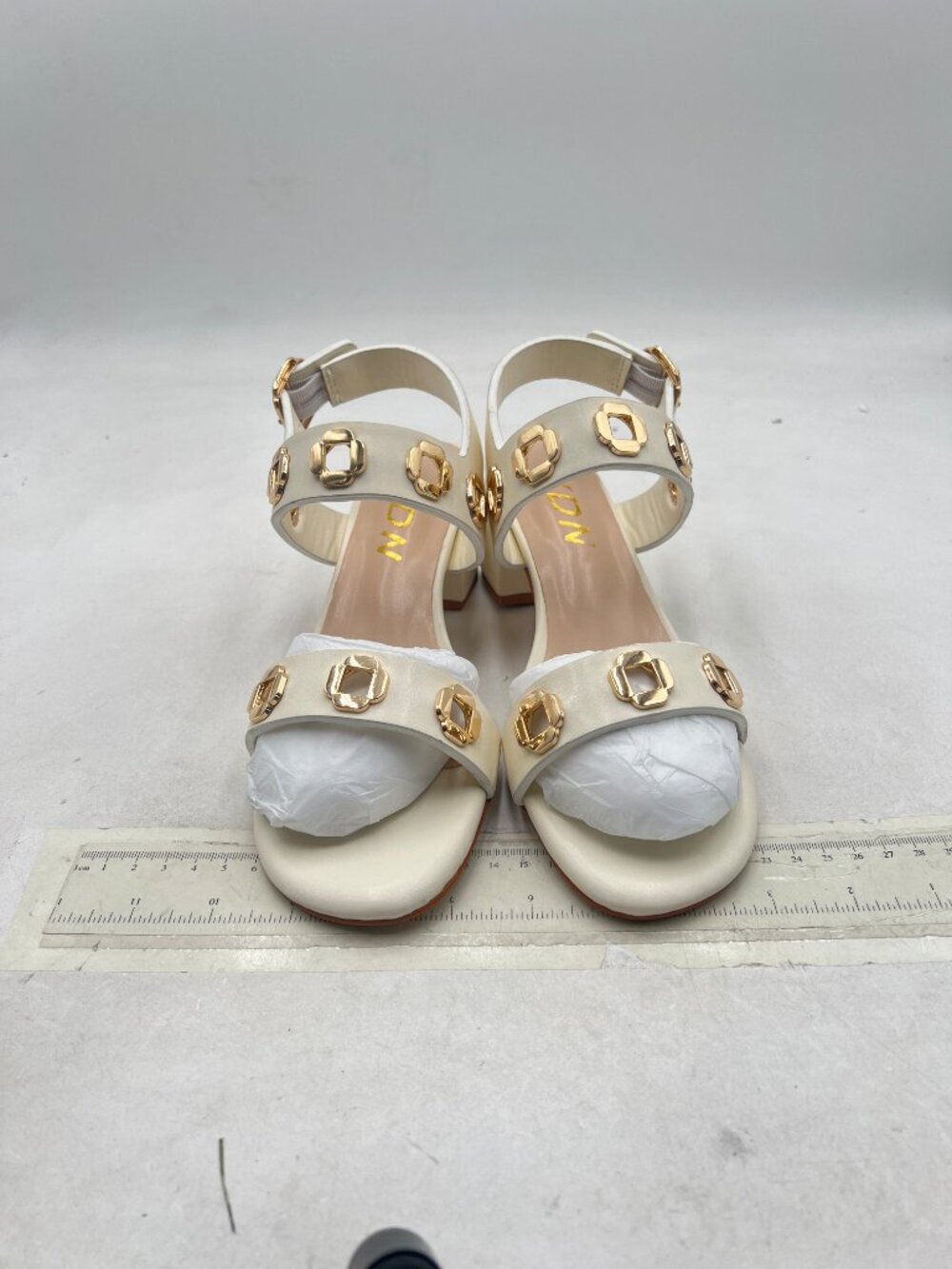 YDN Women's Ivory Block Heel Sandals with Gold Buckle Accents - Picture 3 of 8